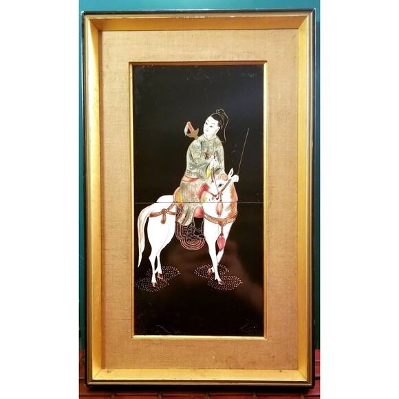 Samurai on Horse Lenwile Ardalt Artware Japan Framed Hand Painted Art Tiles - Picture 1 of 2